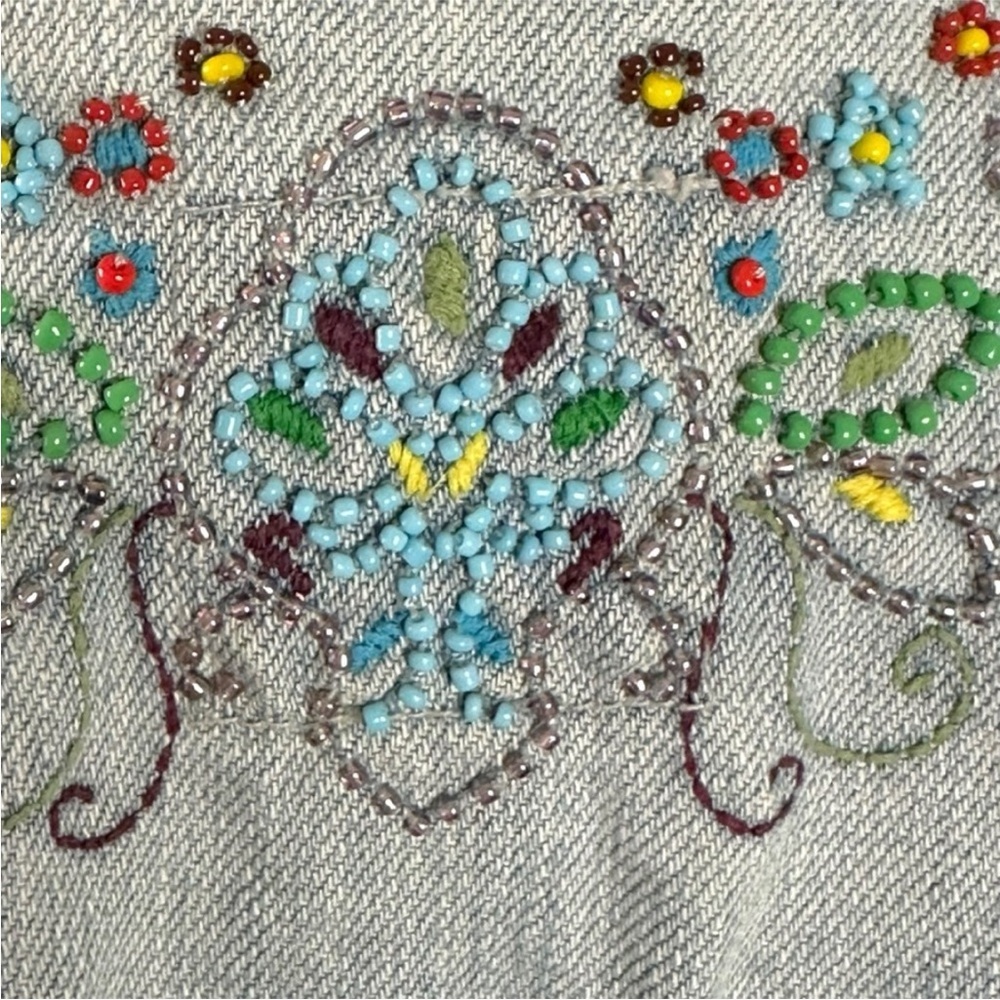 Vintage Y2K Old Navy Bohemian Beaded Denim Jean Jacket Women’s XXL Light Wash - Picture 7 of 15